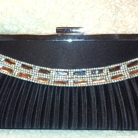 Rhinestone and Black Satin Evening Clutch with Braided Silver Chain - Picture 3 of 6